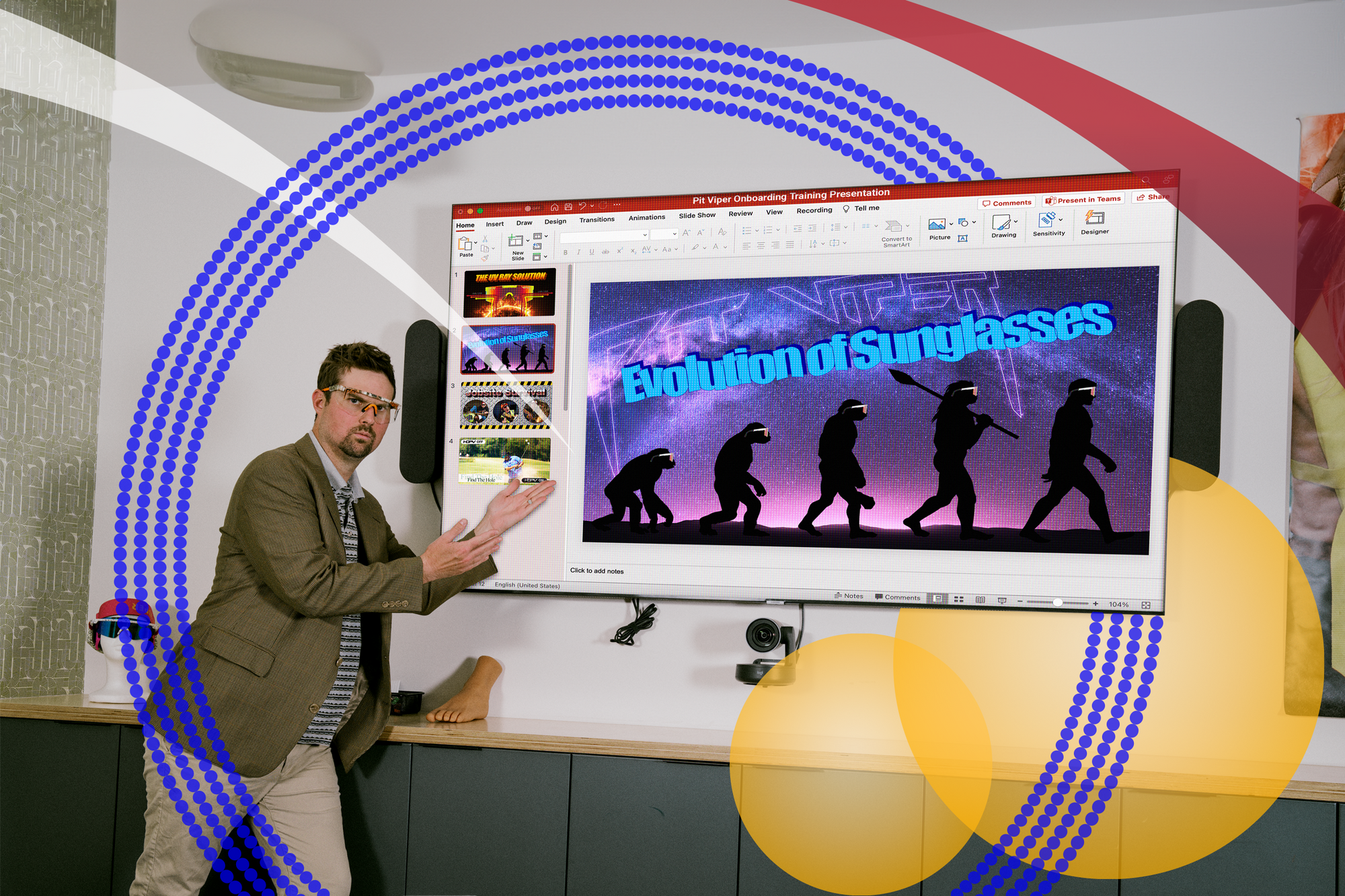 Man in a suit pointing at a screen displaying an 'Evolution of Sunglasses' graphic.