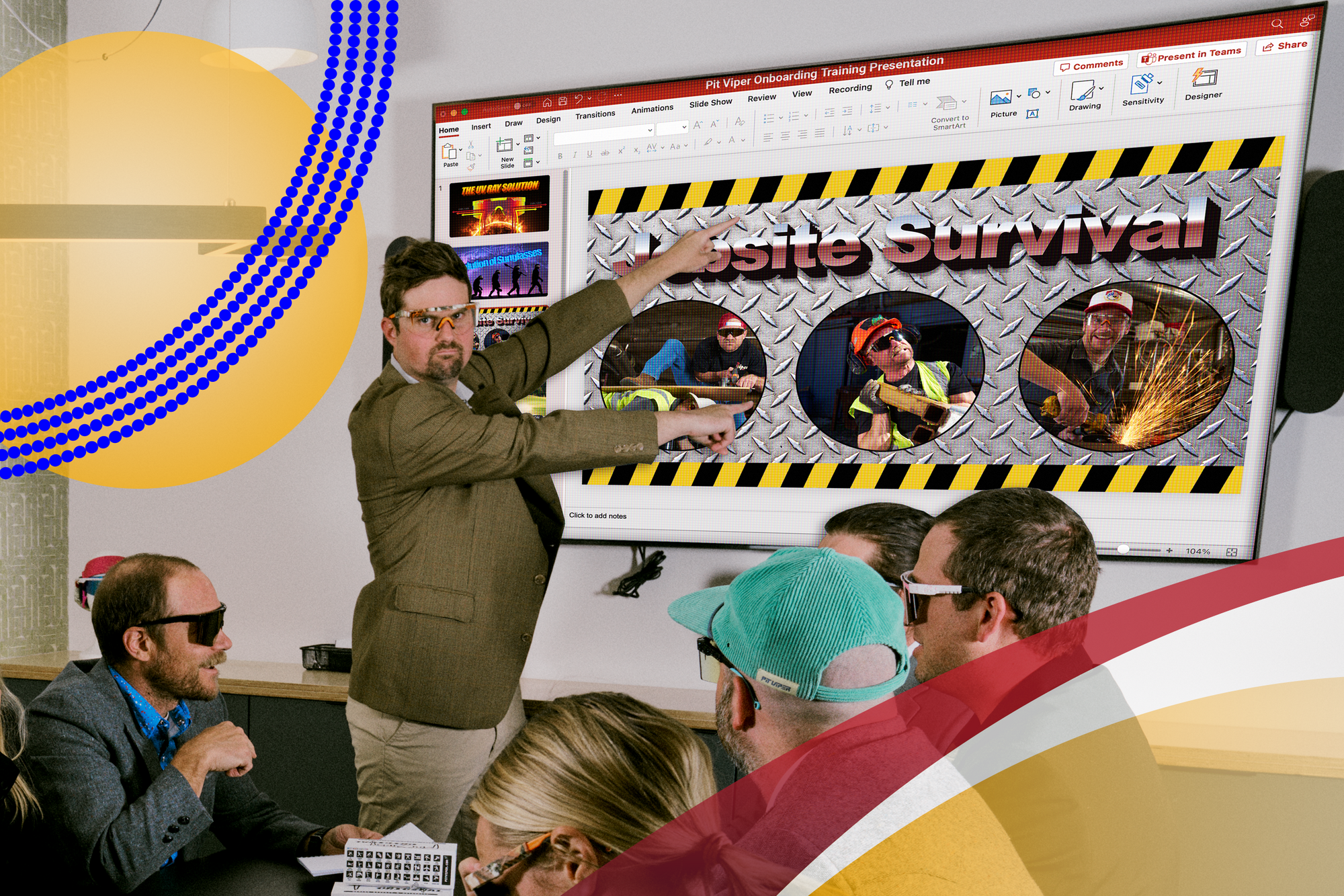 Person pointing at a screen displaying 'Vehicle Survival' with images of people and vehicles.