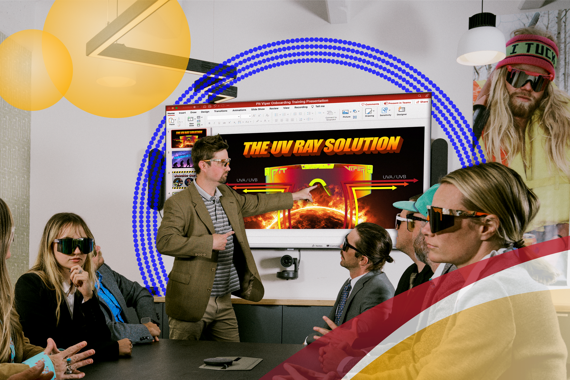 Group of people in a meeting room with a screen displaying 'The UV Ray Solution'.