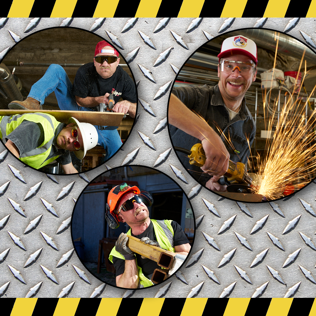 Collage of workers in a workshop with a diamond plate background