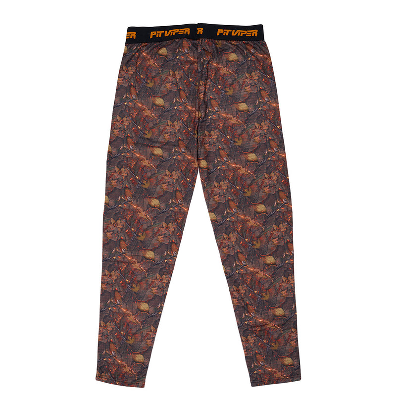 | back_view.JPG | A pair of camouflage pants with an allover brown, orange, and black woodland pattern, featuring a black waistband with the brand name 'PIT VIPER' printed in orange.