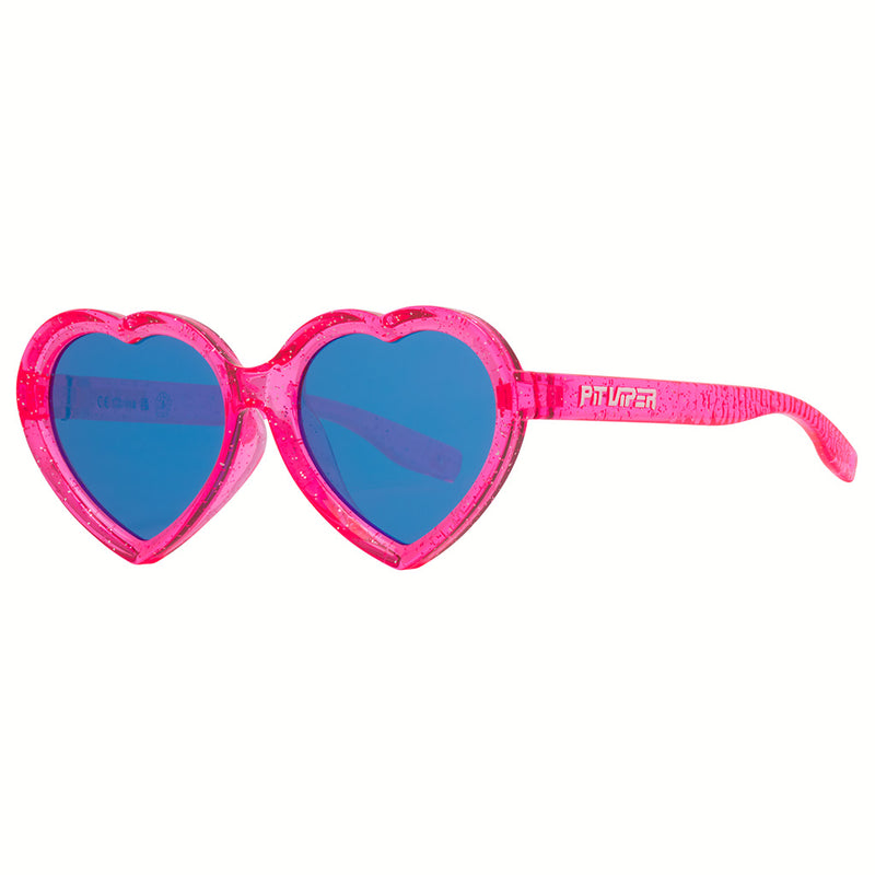 Blue-Purple | side_view.JPG | Pink Translucent heart shaped sunglasses with blue lenses against a white background