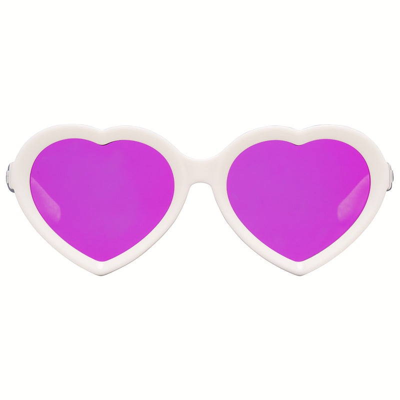 Pink | front_view.JPG | White heart shaped sunglasses with pink lenses against a white background
