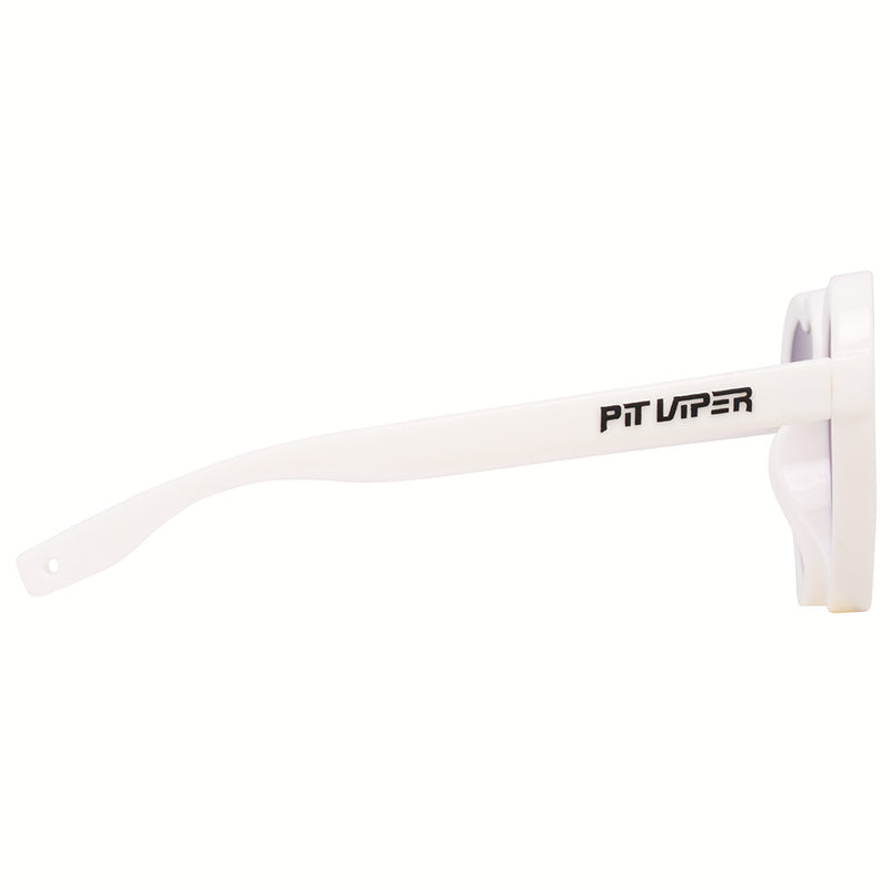 Pink | even_more_side_view.JPG | White sunglasses with a thick frame and the brand name 'PIT Viper' printed in black on the temple arm, shown against a plain white background.