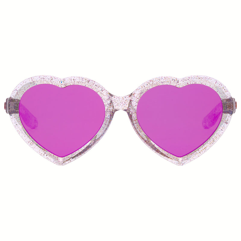 Pink | front_view.JPG| Heart-shaped sunglasses with bright pink lenses and a sparkling silver glitter frame, shown against a plain white background.