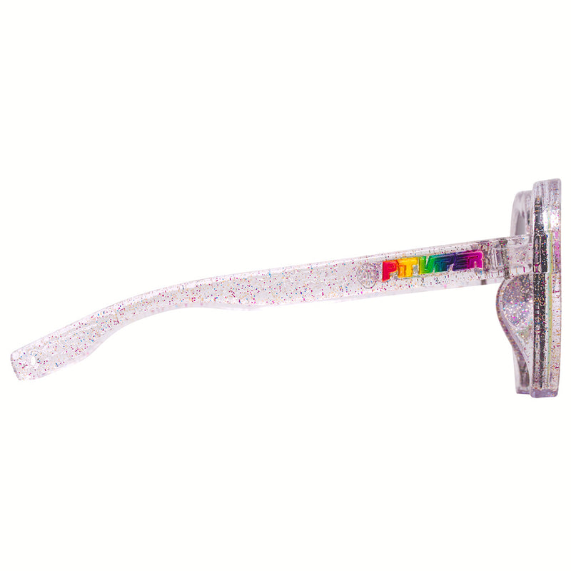 Pink | even_more_side_view.JPG | Clear glittery eyeglass frames with a rainbow-colored 'Pride' logo on the temple, shown against a plain white background.