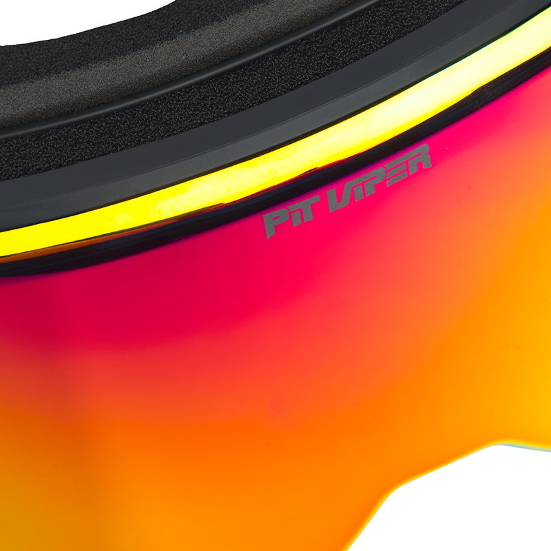 HDPV Red | Close-up of a goggles with a reflective red and orange lens and black frame.