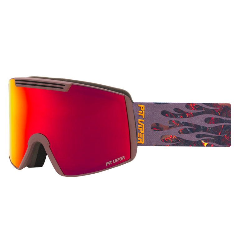 Pit Viper snow goggles with a red-to-yellow mirrored lens, a dark gray frame, and a patterned strap featuring orange and black flame-like designs.