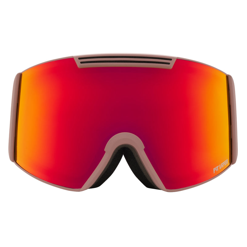 / Red | full_frontal.JPG | A pair of ski goggles with a large shield-shaped lens that has a red-to-orange mirrored gradient. The frame is a matte taupe-brown color, and the brand name 'Pit Viper' is printed in orange on the bottom right corner of the lens.
