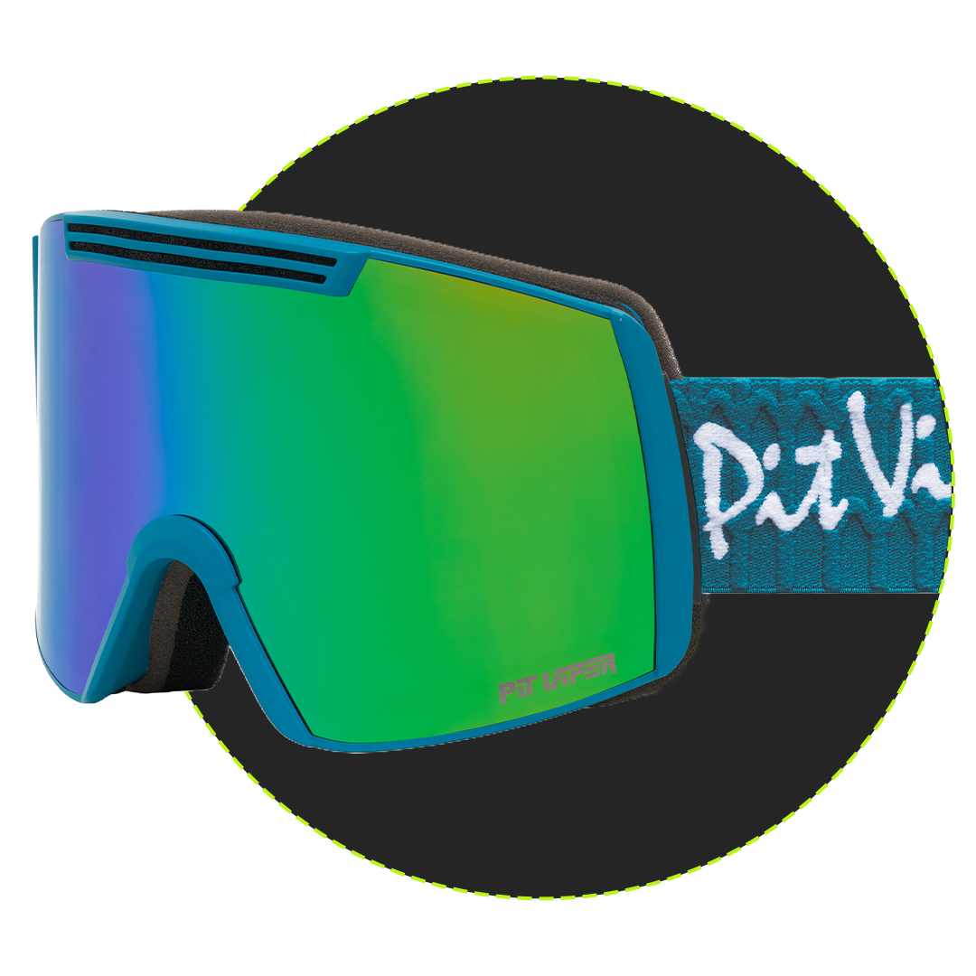 A pair of ski goggles with a bright blue frame and a large green-to-blue mirrored lens. The brand name 'Fit Viper' is visible on the lens and the strap, which features a blue textured pattern with white lettering.