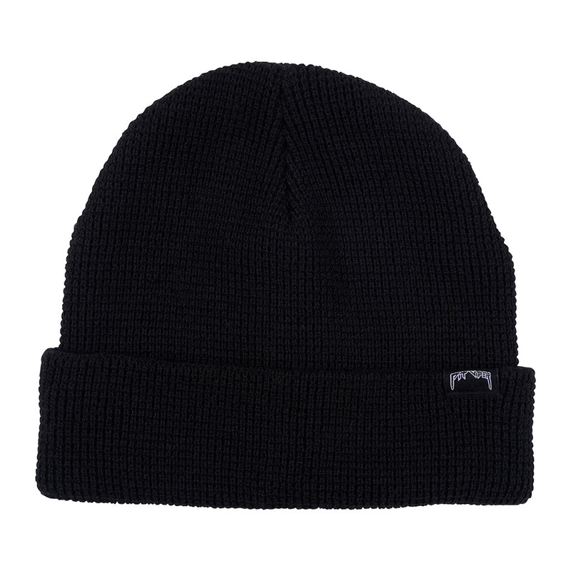 | full_frontal.JPG | A black ribbed knit beanie hat with a folded cuff, featuring a small white embroidered mountain logo on the side, shown against a plain white background.