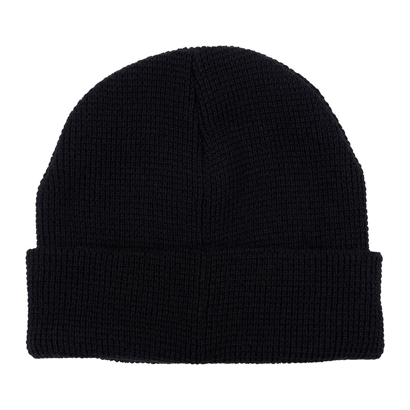 | it_the_back.JPG | photo of a black waffle knit beanie against a white background.