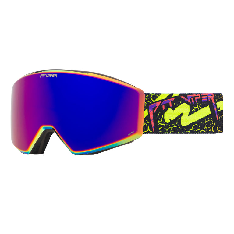 Pit Viper ski goggles with a vibrant blue-to-purple mirrored lens, a rainbow-colored rim, and a black strap featuring a neon yellow and pink graffiti pattern.