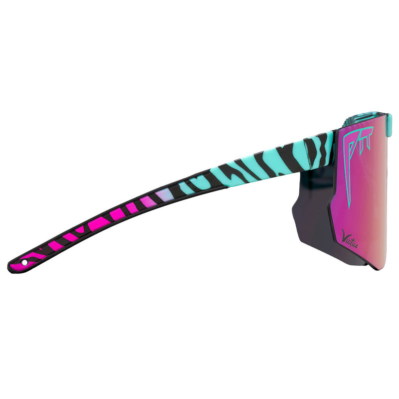 | even_more_side_view.JPG | A pair of sunglasses with a black and turquoise zebra-patterned temple arm, bright pink accents, and a pink mirrored lens featuring a turquoise logo.