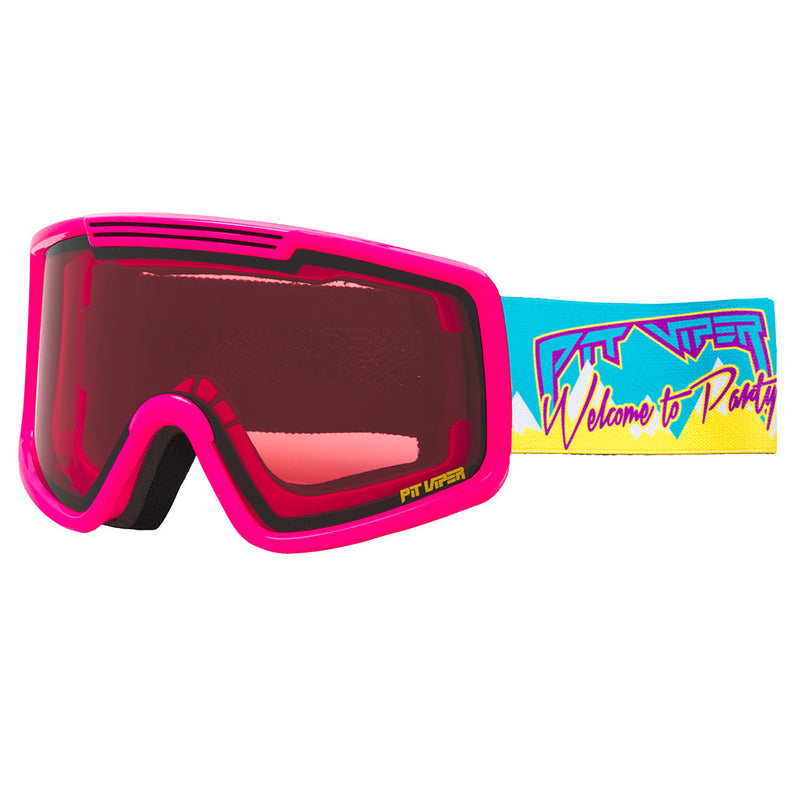 Rose / Small | side_view.JPG | Angled view of The Party Mountain French Fry Goggle with rose / small lens on white background