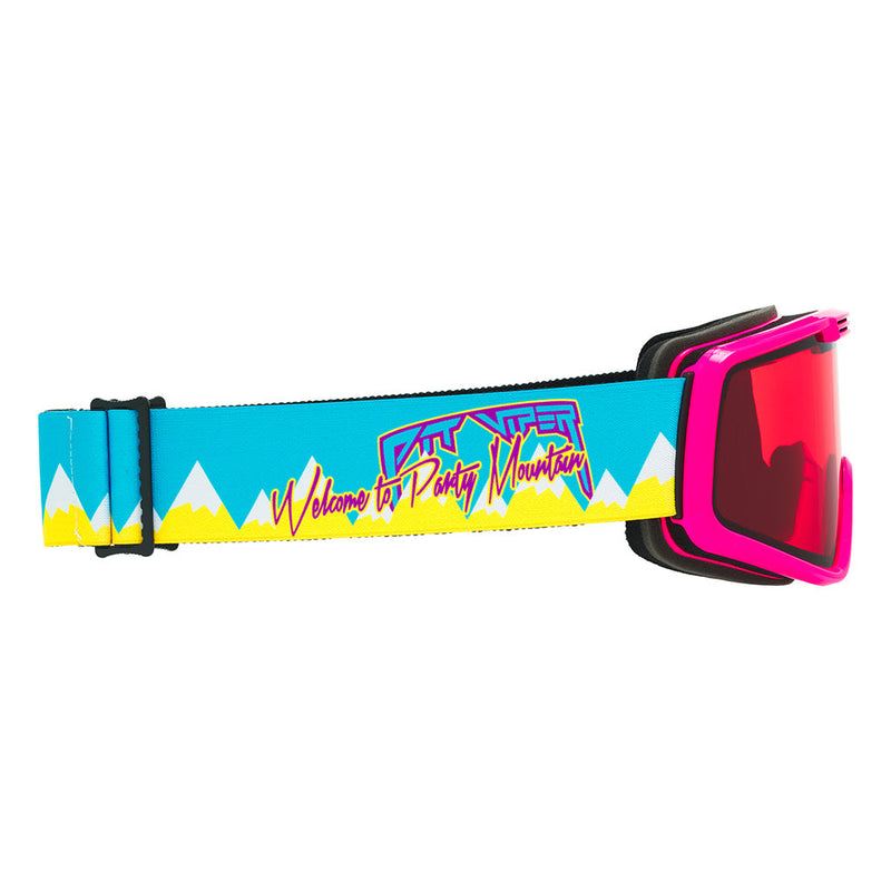 Rose / Small | even_more_side_view.JPG | Angled view of The Party Mountain French Fry Goggle with rose / small lens on white background