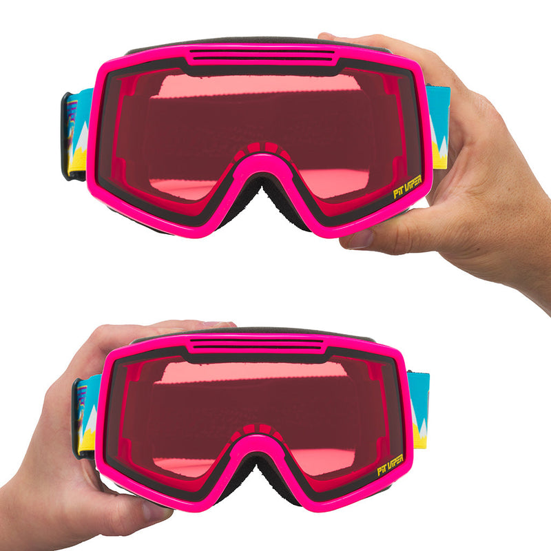 Rose / Small | large_&_small.JPG | Studio view of The Party Mountain French Fry Goggle with rose / small lens