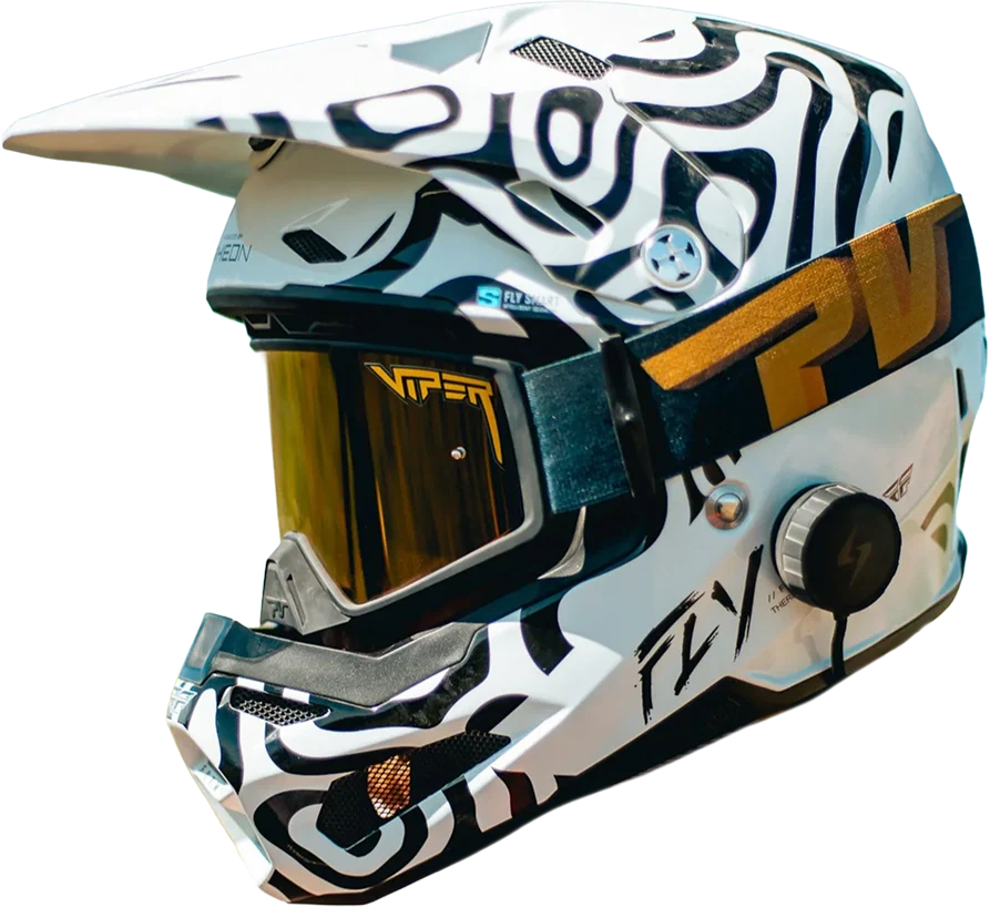 Motocross helmet with a white, black, and blue design on a white background