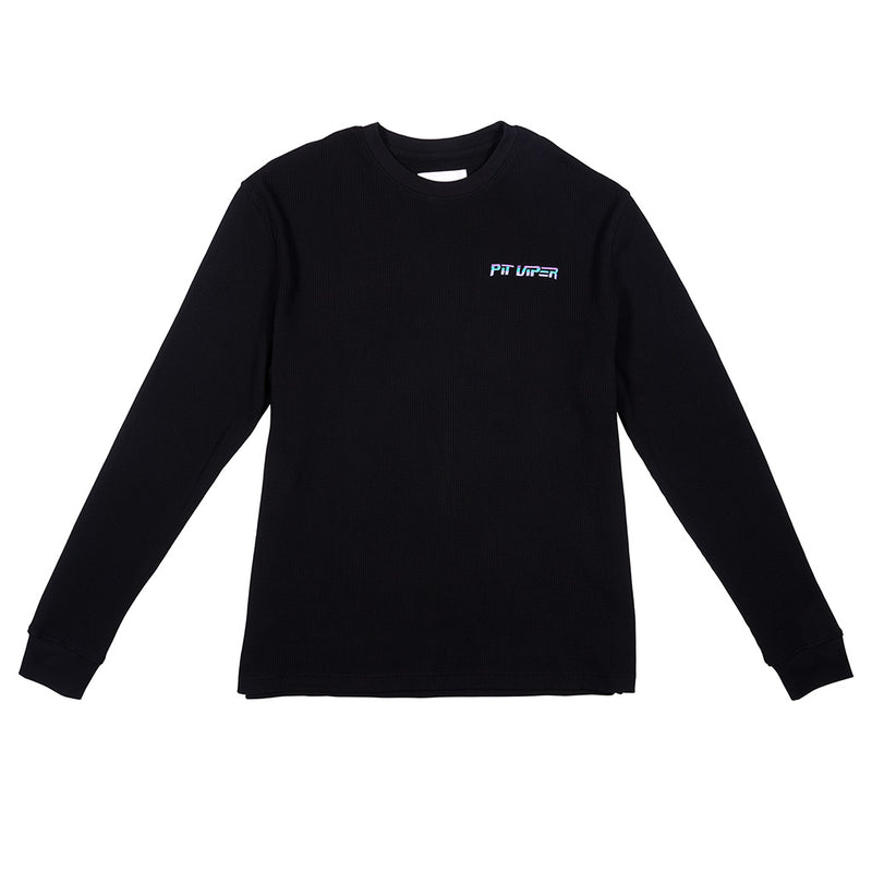| full_frontal.JPG | A black long-sleeve crewneck sweatshirt with a small 'PUSH' graphic printed on the left chest, displayed flat against a solid white background.