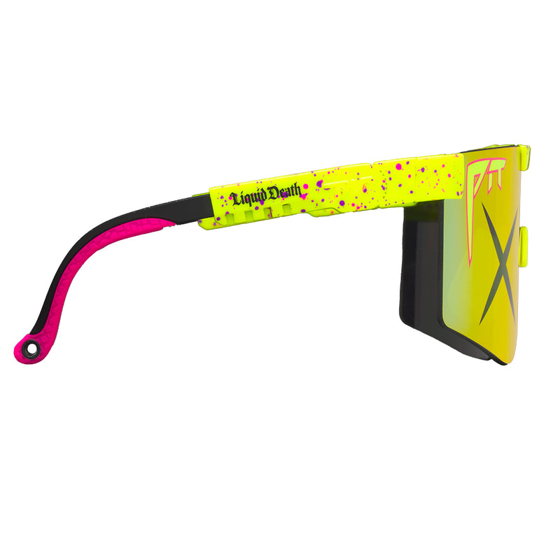 Rainbow / Regular | even_more_side_view.JPG | Angled view of Sunglasses For Dead People Original 2.0 with Rainbow lens on white background