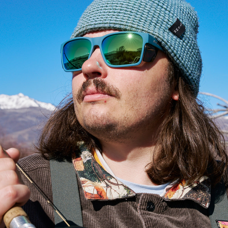 / Z87+ HDPV Polarized Blue-Green | photo_of_person.JPG | Person wearing The Spackler Revlock with Z87+ HDPV Polarized Blue-Green lens
