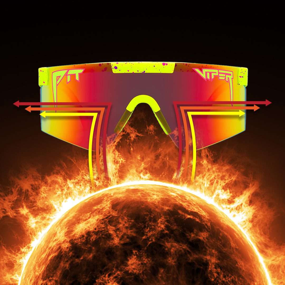 Sunglasses with colorful frame and pink lenses on a fiery background