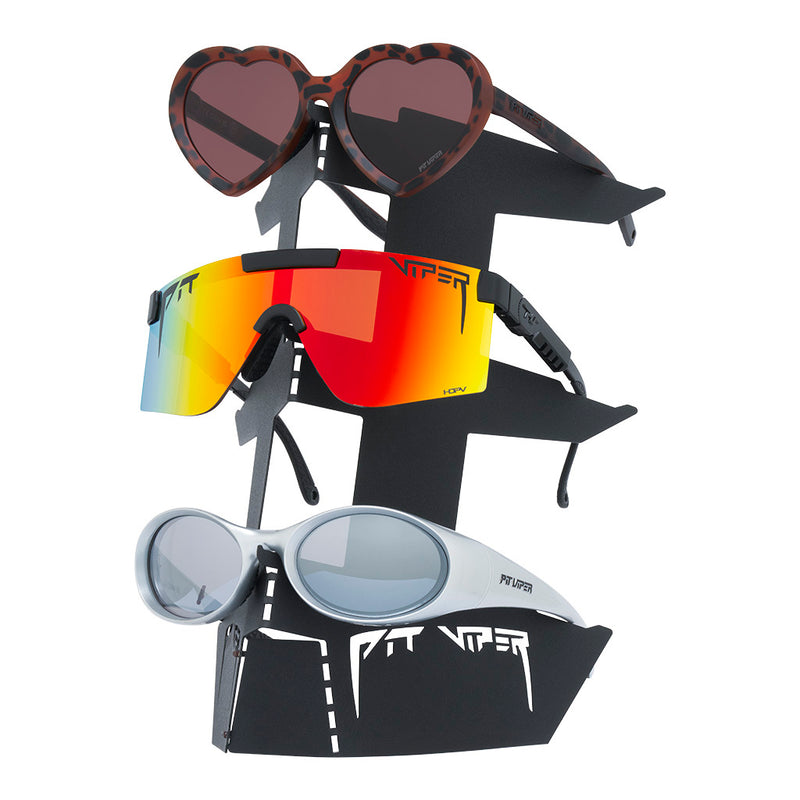  | display_with_sunglasses.JPG | Three-spot Pit Viper folding display stand holding three styles of sunglasses on white background