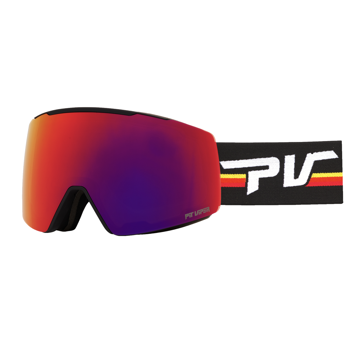 Ski goggles with a large mirrored lens showing red, orange, and purple reflections, a black frame, and a black strap with a bold white 'PV' logo and thin yellow and red stripes.