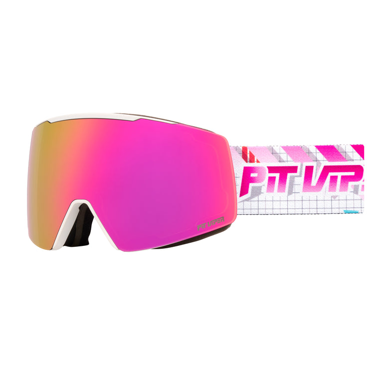 Goggles with a pink-to-orange mirrored lens, white frame details, and a matching pink and white branded strap on a white background.