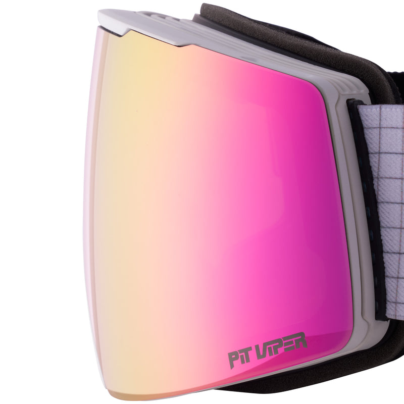 Close-up of ski or snowboard goggles with a large mirrored lens showing a pink-to-yellow gradient, a gray frame, black padding, and a white-and-gray strap. The brand name 'PT Viper' is printed on the lower right of the lens.