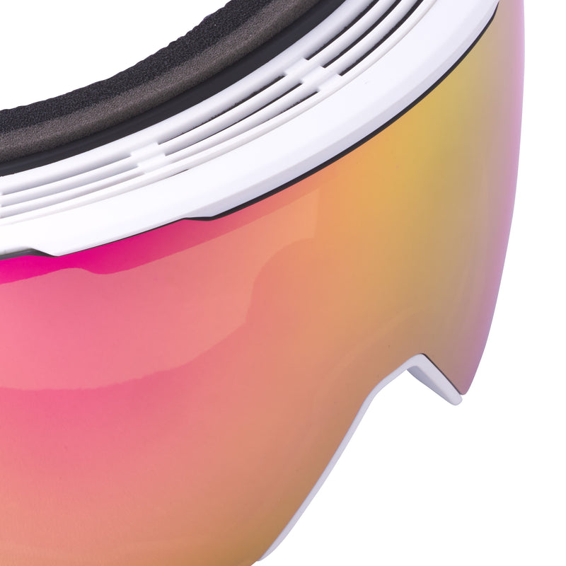 Close-up of a ski or snowboard goggle showing the white frame, black ear pads, and a vibrant pink-to-yellow mirrored lens.