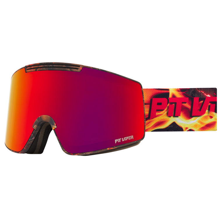 Ski goggles with a large mirrored lens shifting from red to purple, shown with a matching strap featuring a flame graphic and the text 'PT VLT'.