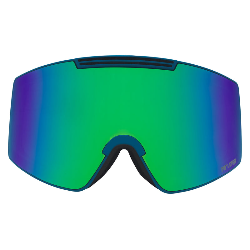 | full_frontal.JPG | A replacement shield-style ski or snowboard lens with a vibrant green-to-blue gradient and purple reflections, shown against a solid white background.