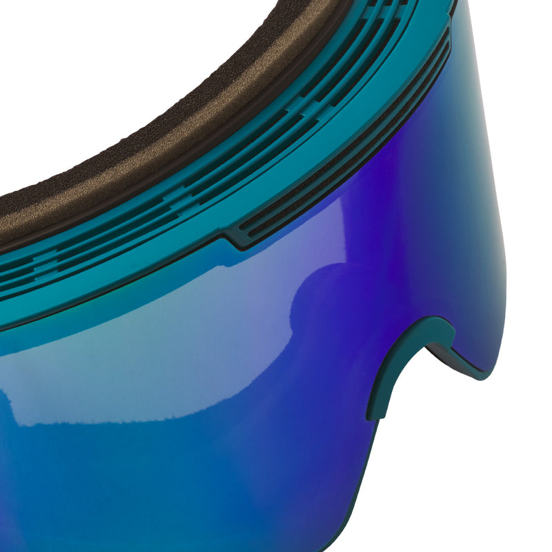 | im_ready_for_my_closeup.JPG | Close-up of a ski or snowboard goggles showing a blue-to-purple mirrored lens, teal frame, and dark brown foam padding.