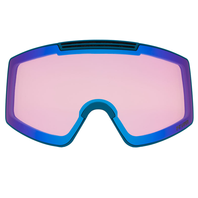 | bonus_lens.JPG | A replacement ski or snowboard lens with a pink-tinted center and a blue outer border, shown against a plain white background.
