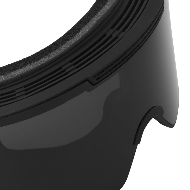 / Smoke | im_ready_for_my_closeup.JPG | Close-up of a black sports snow goggle lens with a curved brow cutout and ribbed rim detail on a white background.