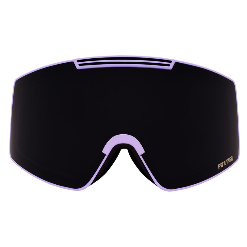 / Smoke | full_frontal.JPG | A ski or snowboard goggle lens with a black tinted surface and light purple/lavender trim, featuring a small gold 'PIT VIPER' logo on the lower right corner of the lens.