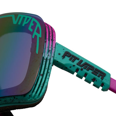 Close-up detail image depicting a hybrid product of sunglasses and goggles called The Synthesizer