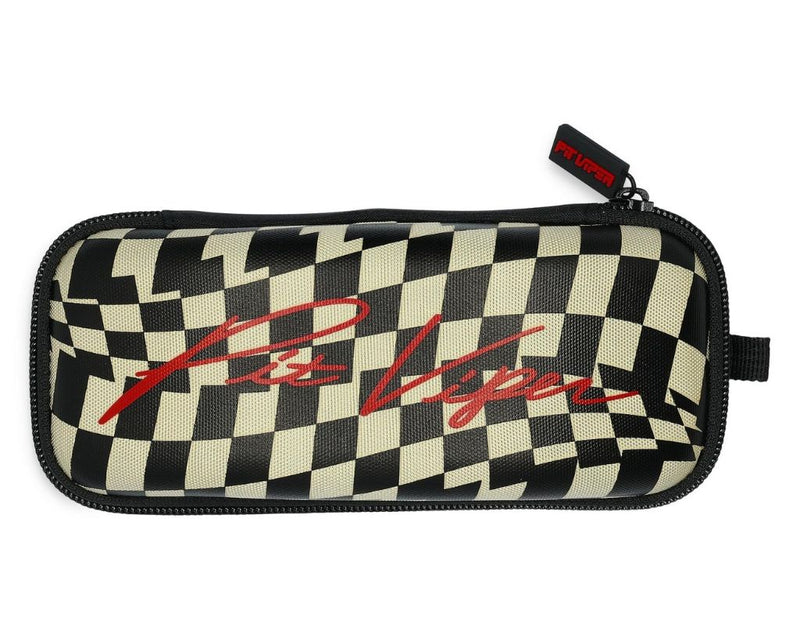  | flat_lay_front.JPG | Front flat lay of the Victory Lame Firmcase with black and white checkerboard pattern and red Pit Viper script logo