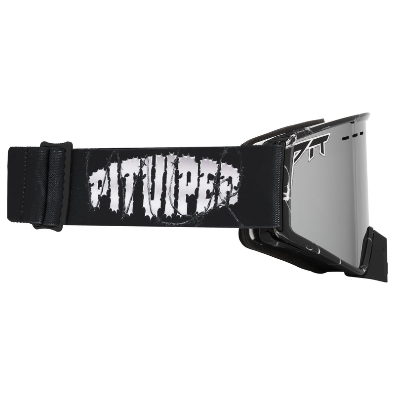 Silver | even_more_side_view.JPG | Black ski goggles with a wide black strap featuring a distressed white 'PIT VIPER' logo, and a reflective silver mirrored lens.