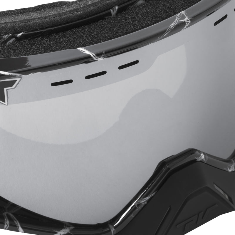 Silver | im_ready_for_my_closeup.JPG | Close-up of a snow goggles lens with a reflective silver-gray mirror finish, black frame, ventilation slots, and protective plastic wrapping.