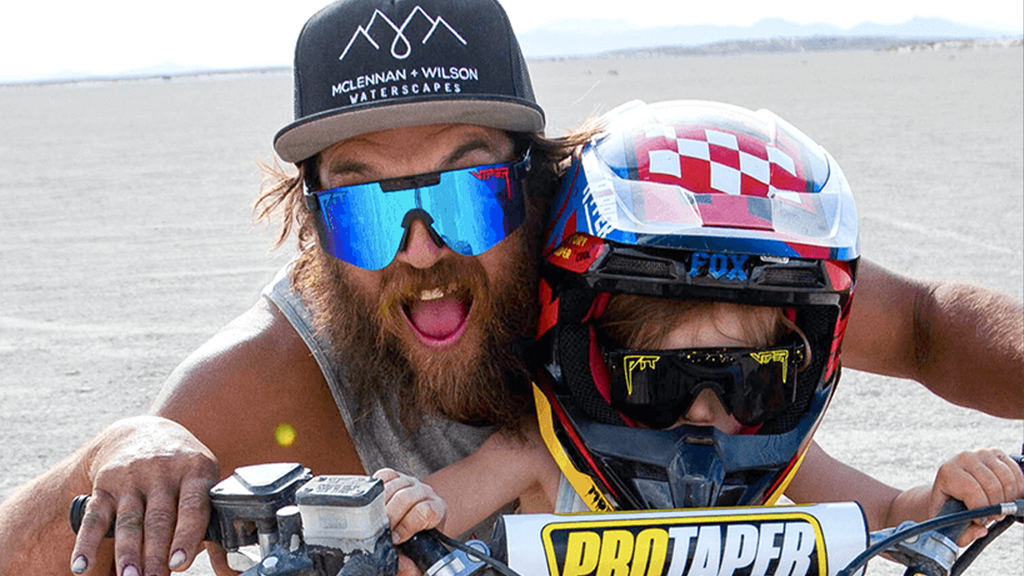 Polarized Blue / Wide | whos_there.JPG | Person wearing The Peacekeeper Original with polarized Blue lens in wide fit