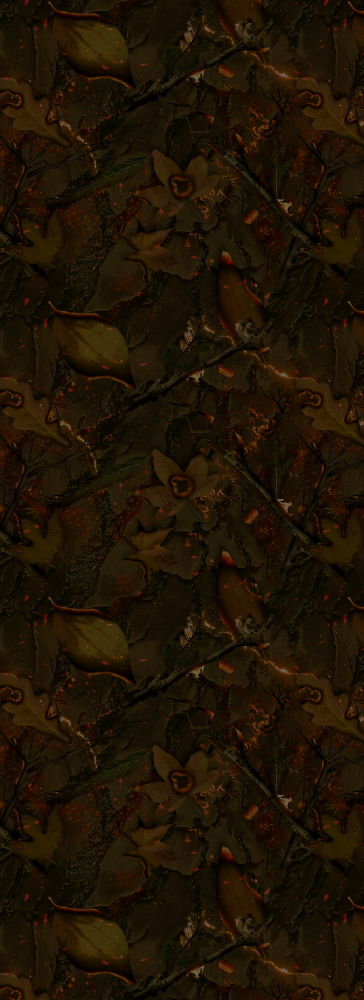 A close-up of a dark brown and black camouflage pattern featuring leaves, branches, and small bird silhouettes.