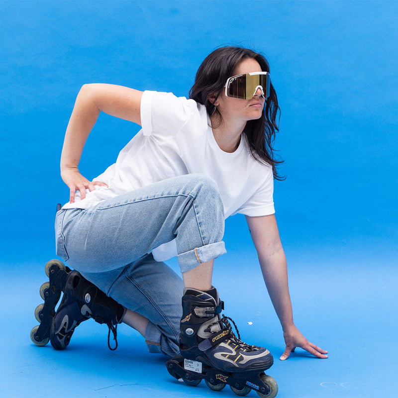 / Gold | photo_of_person.JPG | Person wearing The Miami Nights Synthesizer with Gold lens